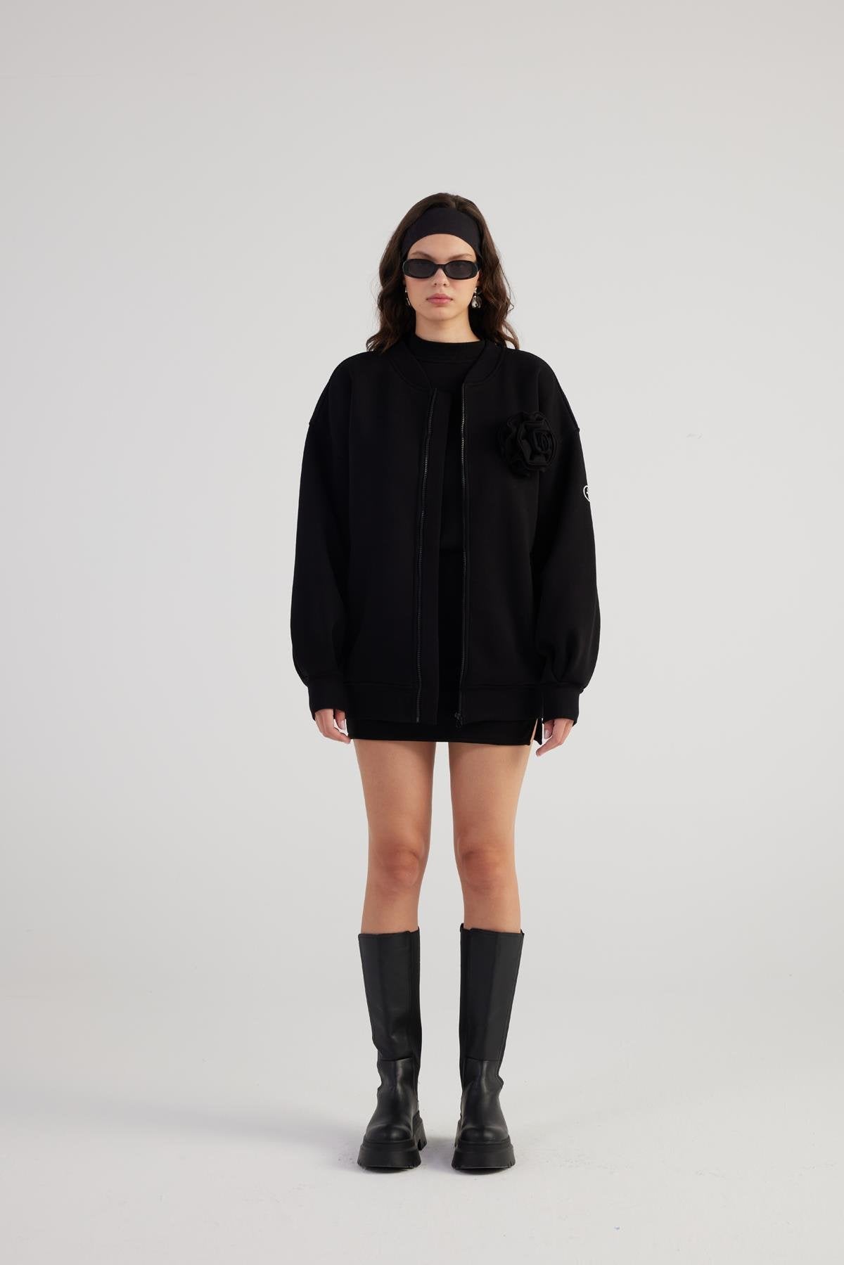Alexa Black Oversize Bomber Jacket with Removable Rose Accessory-Jackets & Blazers-Buy Me Fur Ltd-Black-XS-Cotton - Polyester Blend-Urbanheer