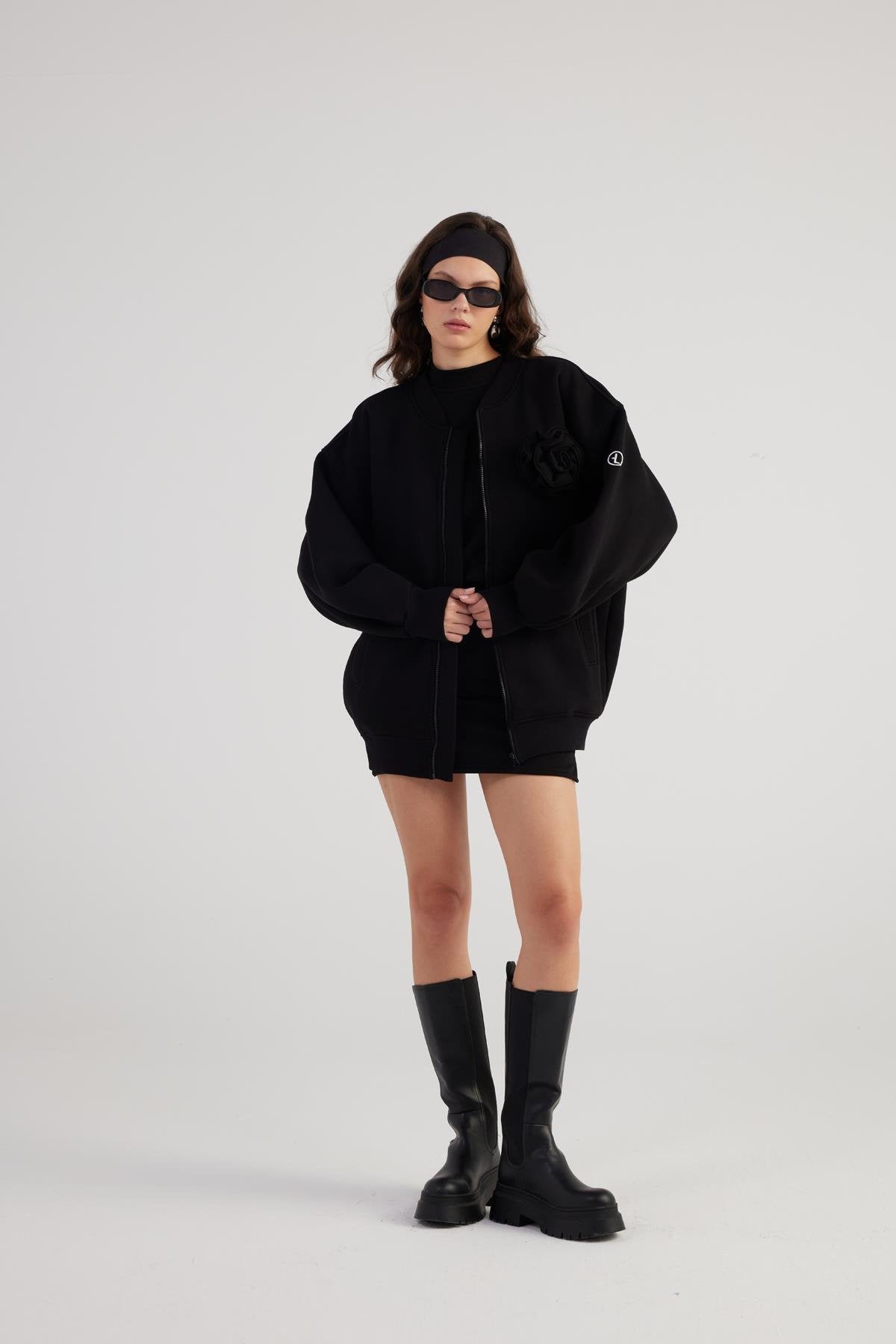 Alexa Black Oversize Bomber Jacket with Removable Rose Accessory-Jackets & Blazers-Buy Me Fur Ltd-Black-XS-Cotton - Polyester Blend-Urbanheer