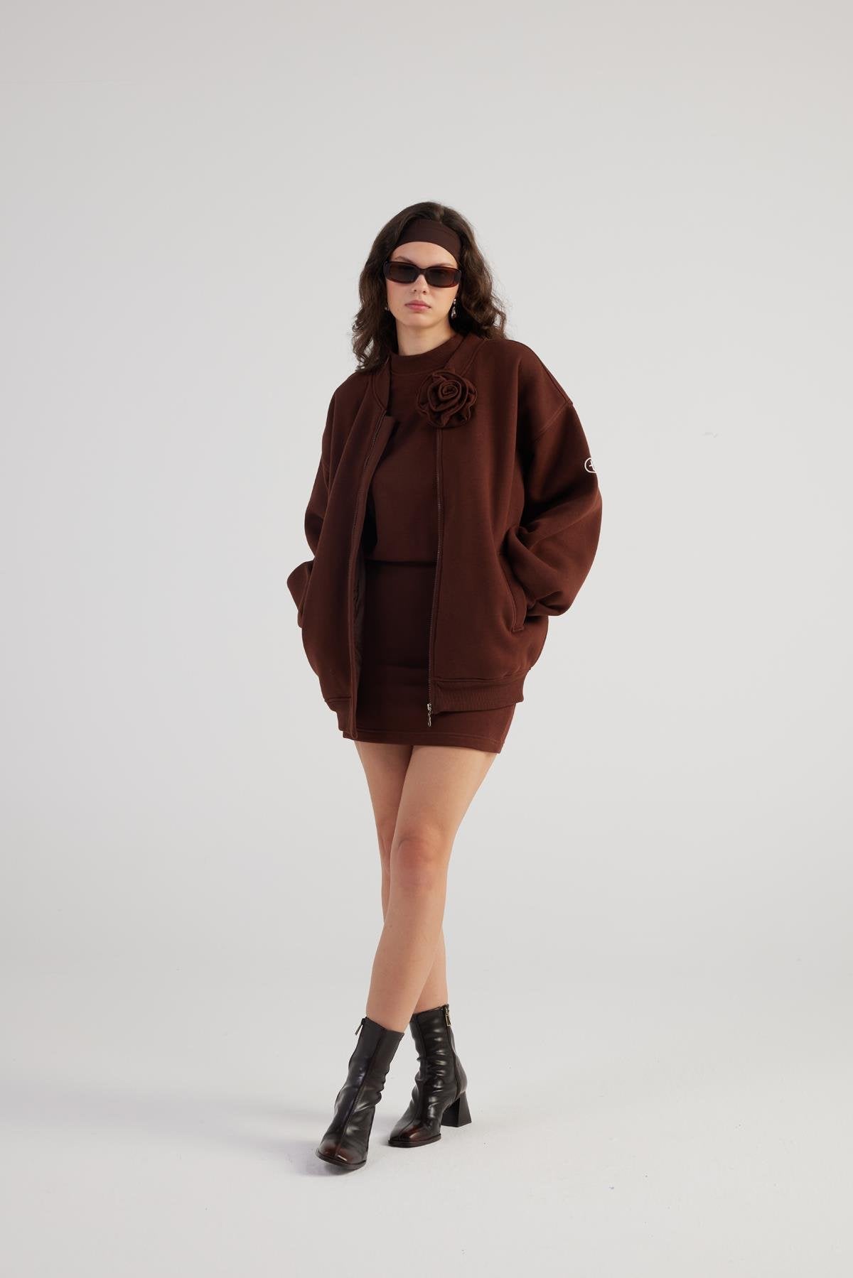 Alexa Brown Oversize Bomber Jacket with Removable Rose Accessory-Jackets & Blazers-Buy Me Fur Ltd-Brown-XS-Cotton - Polyester Blend-Urbanheer
