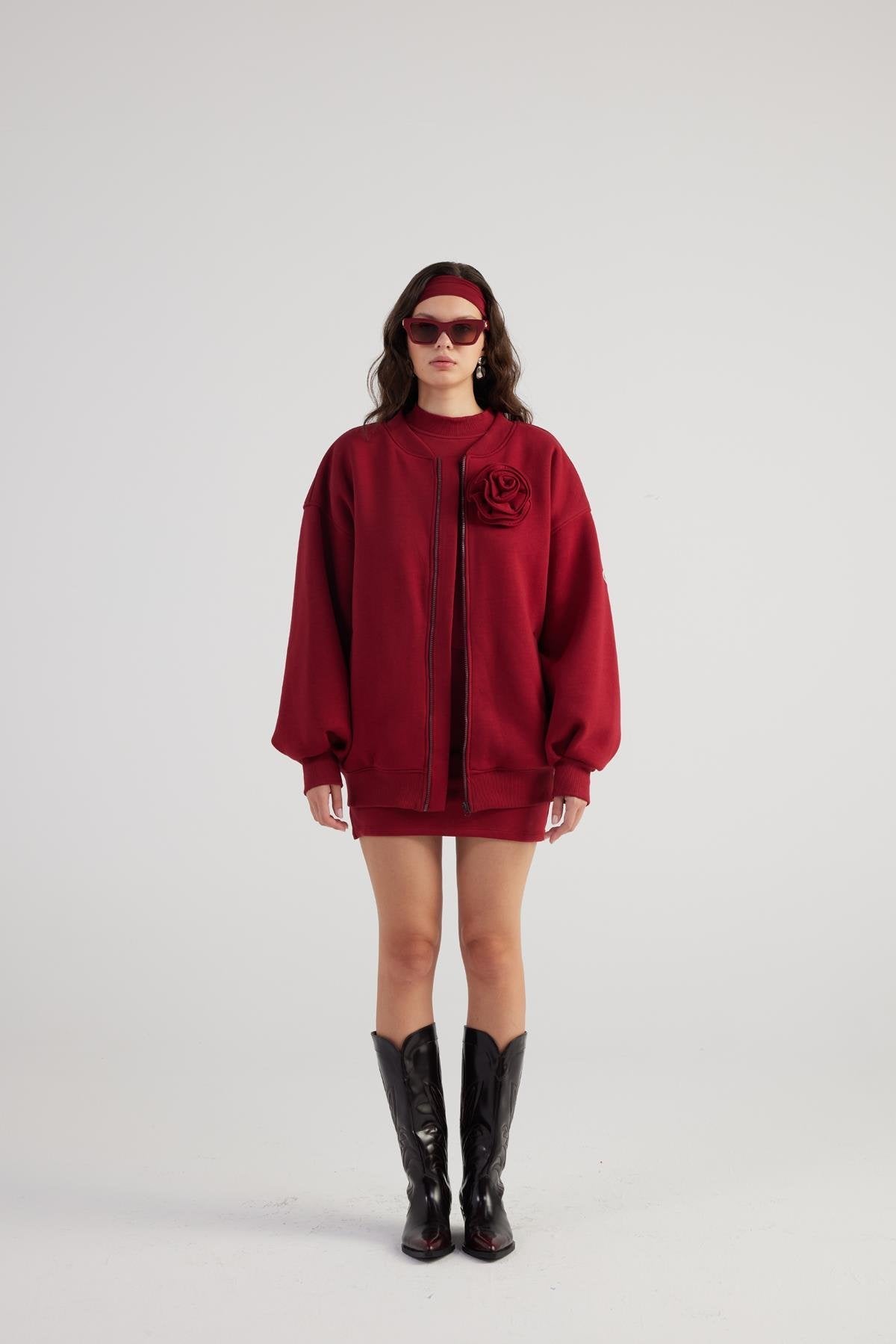 Alexa Burgundy Oversize Bomber Jacket with Removable Rose Accessory-Jackets & Blazers-Buy Me Fur Ltd-Burgundy-XS-Cotton - Polyester Blend-Urbanheer