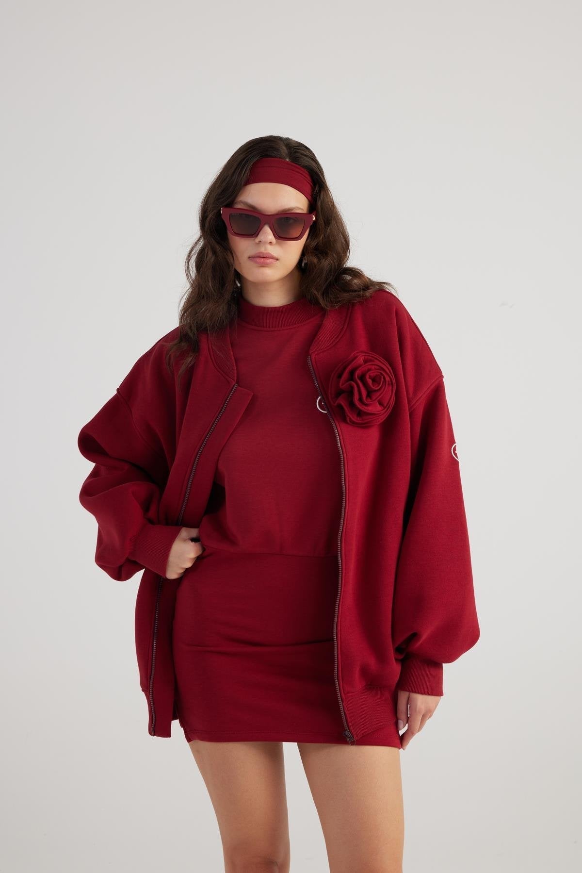 Alexa Burgundy Oversize Bomber Jacket with Removable Rose Accessory-Jackets & Blazers-Buy Me Fur Ltd-Burgundy-XS-Cotton - Polyester Blend-Urbanheer