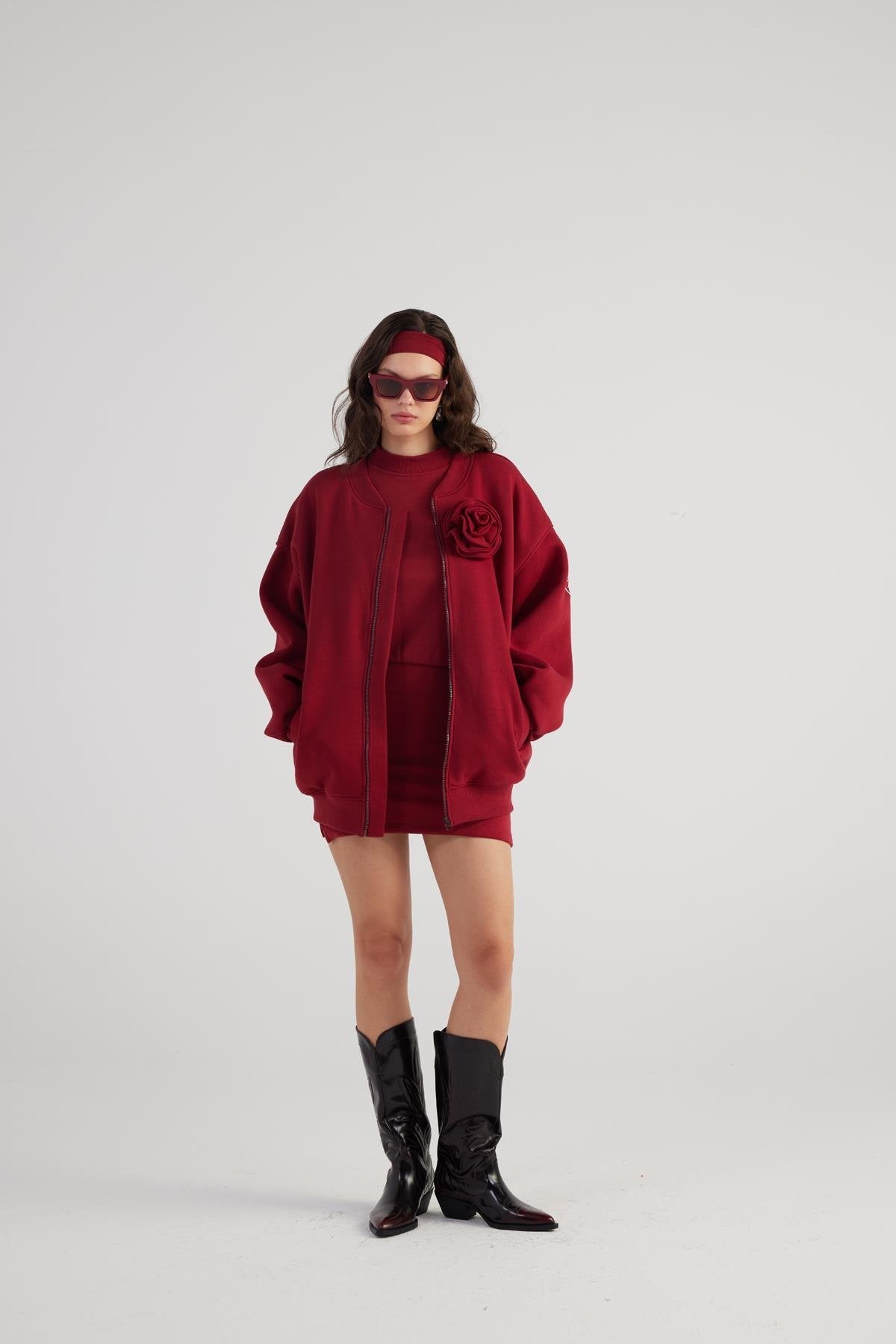 Alexa Burgundy Oversize Bomber Jacket with Removable Rose Accessory-Jackets & Blazers-Buy Me Fur Ltd-Burgundy-XS-Cotton - Polyester Blend-Urbanheer
