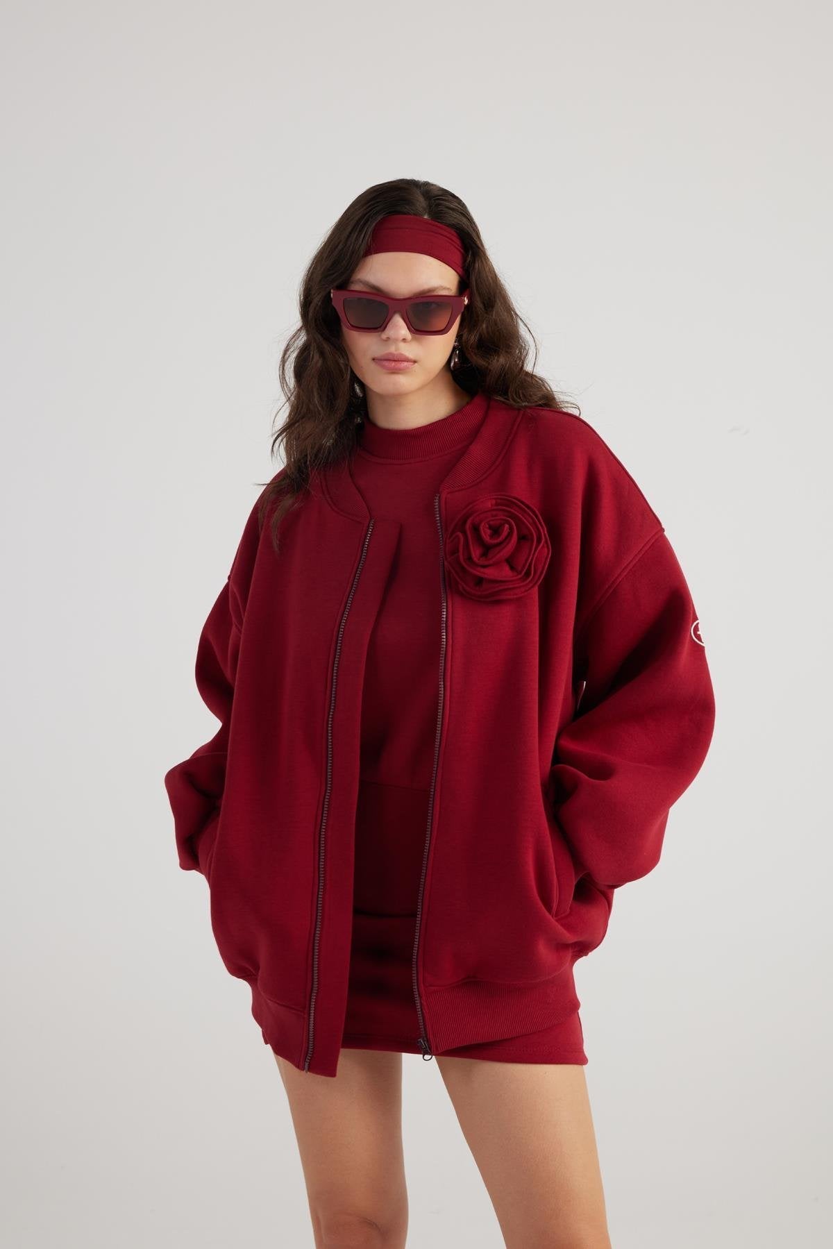 Alexa Burgundy Oversize Bomber Jacket with Removable Rose Accessory-Jackets & Blazers-Buy Me Fur Ltd-Burgundy-XS-Cotton - Polyester Blend-Urbanheer