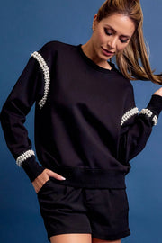 All Day Crew Neck Sweatshirt with Beaded Trim BLACK-Sweatshirt-RIVIR-S-BLACK-Urbanheer