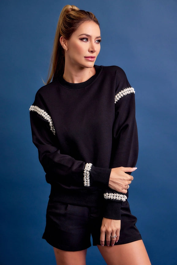 All Day Crew Neck Sweatshirt with Beaded Trim BLACK-Sweatshirt-RIVIR-S-BLACK-Urbanheer