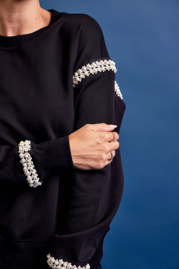 All Day Crew Neck Sweatshirt with Beaded Trim BLACK-Sweatshirt-RIVIR-S-BLACK-Urbanheer