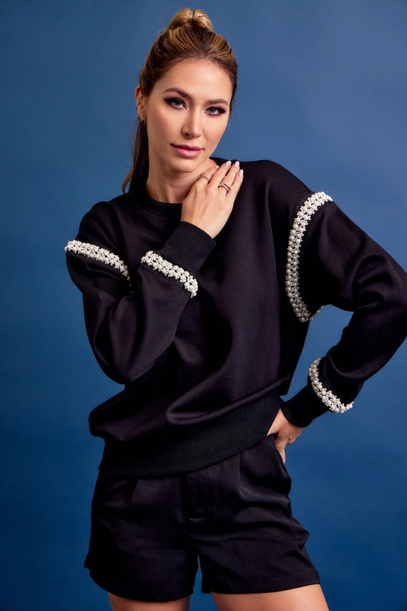 All Day Crew Neck Sweatshirt with Beaded Trim BLACK-Sweatshirt-RIVIR-S-BLACK-Urbanheer