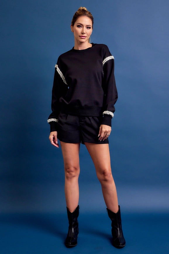 All Day Crew Neck Sweatshirt with Beaded Trim BLACK-Sweatshirt-RIVIR-S-BLACK-Urbanheer