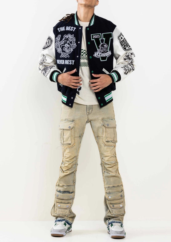 All Field the Best Never Rest Varsity Jacket-Jacket-First Row-XS-NAVY-Urbanheer