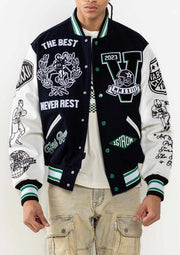 All Field the Best Never Rest Varsity Jacket-Jacket-First Row-XS-NAVY-Urbanheer