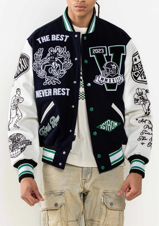 All Field the Best Never Rest Varsity Jacket-Jacket-First Row-XS-NAVY-Urbanheer