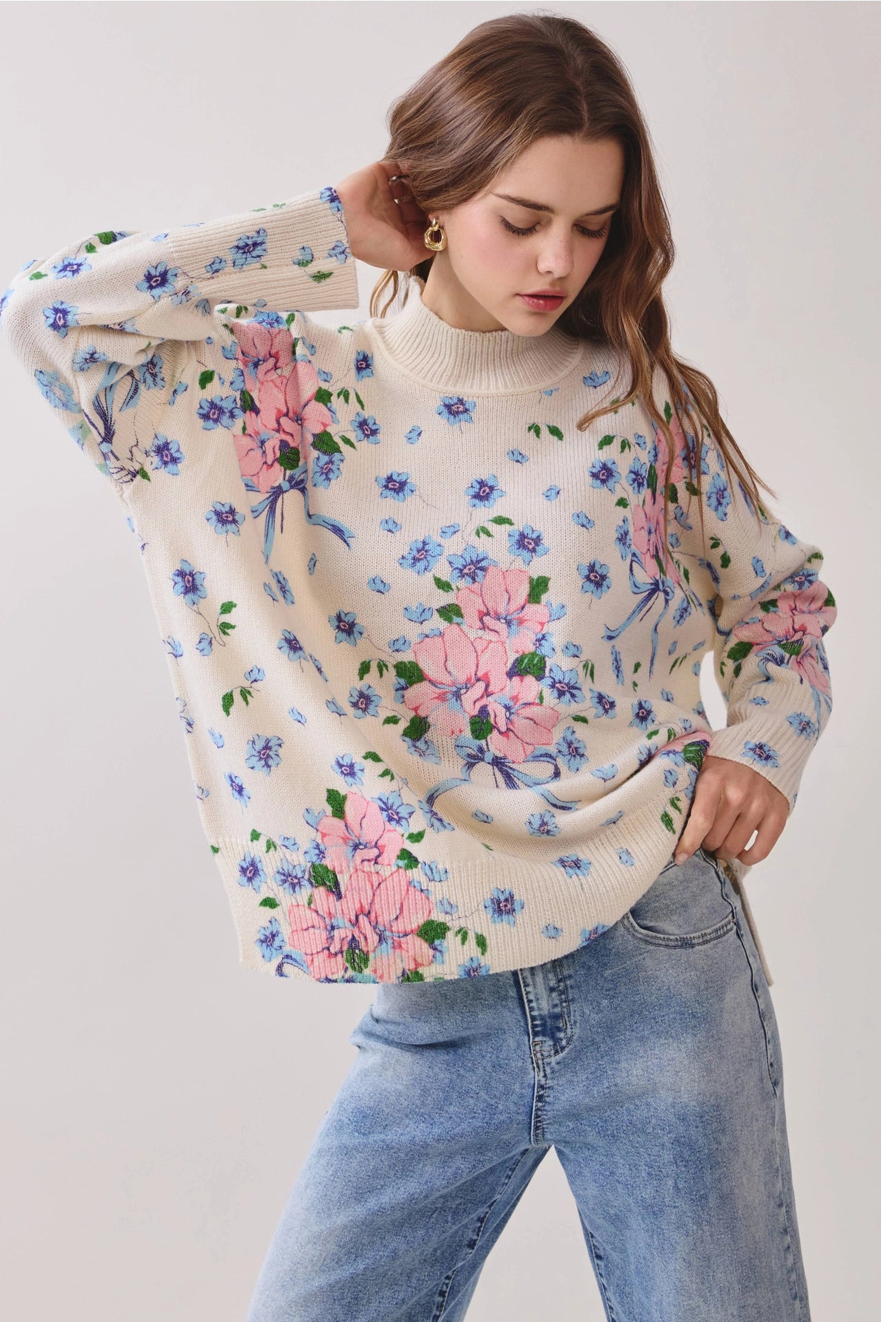 All Over Floral Print Knit Pullover Sweater