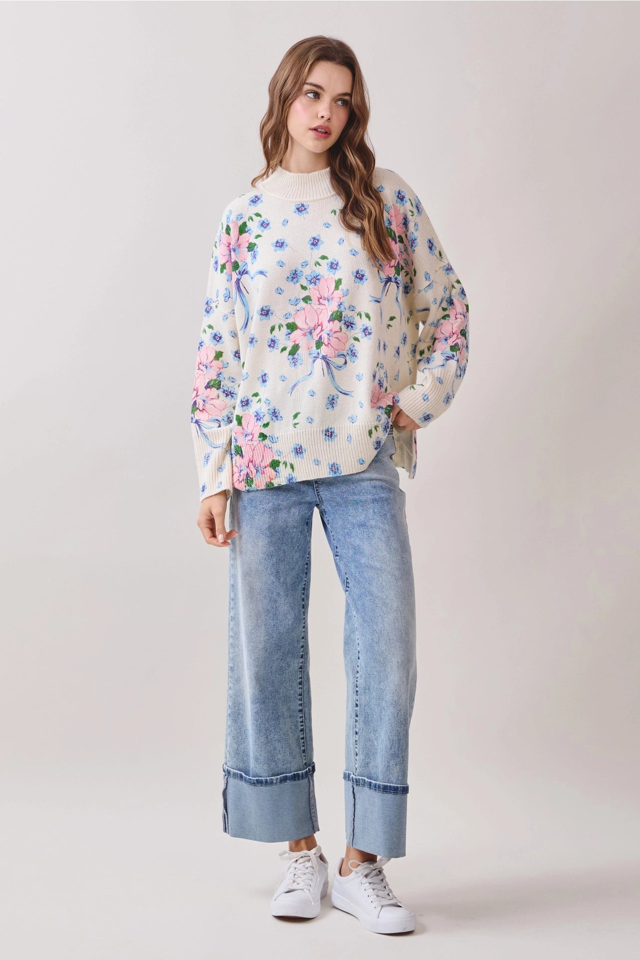 All Over Floral Print Knit Pullover Sweater