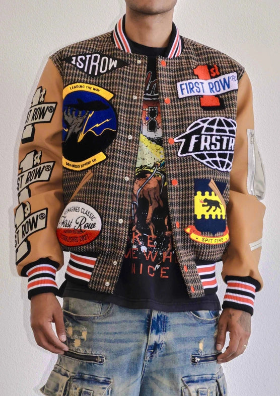 All Over Logo Multi Patches Varsity Jacket-Jacket-First Row-M-Brown-Urbanheer