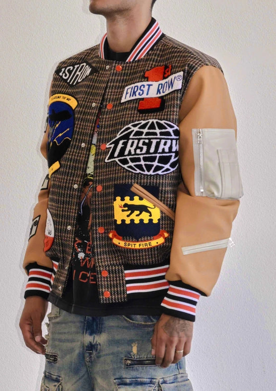 All Over Logo Multi Patches Varsity Jacket-Jacket-First Row-M-Brown-Urbanheer