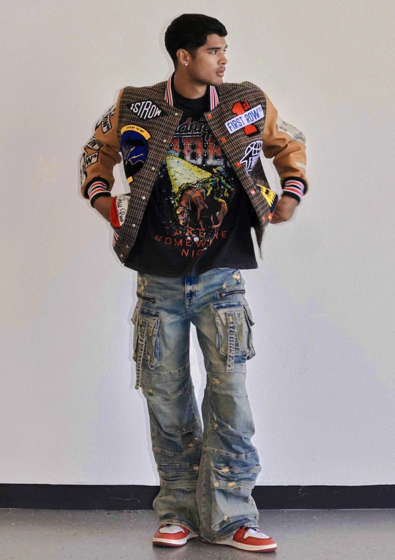 All Over Logo Multi Patches Varsity Jacket-Jacket-First Row-M-Brown-Urbanheer