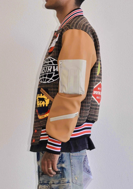 All Over Logo Multi Patches Varsity Jacket-Jacket-First Row-M-Brown-Urbanheer