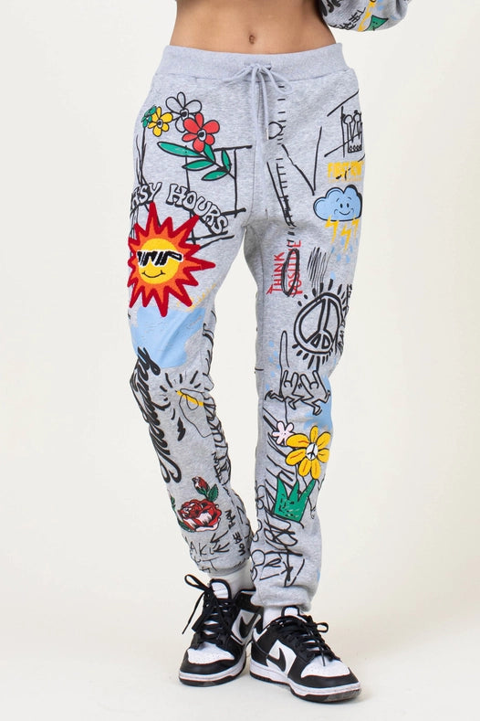 Allover Hand Drawing & Chenille Patch Jogger Pants Grey-Pants-Vibrant M.i.U-L-GREY-Urbanheer
