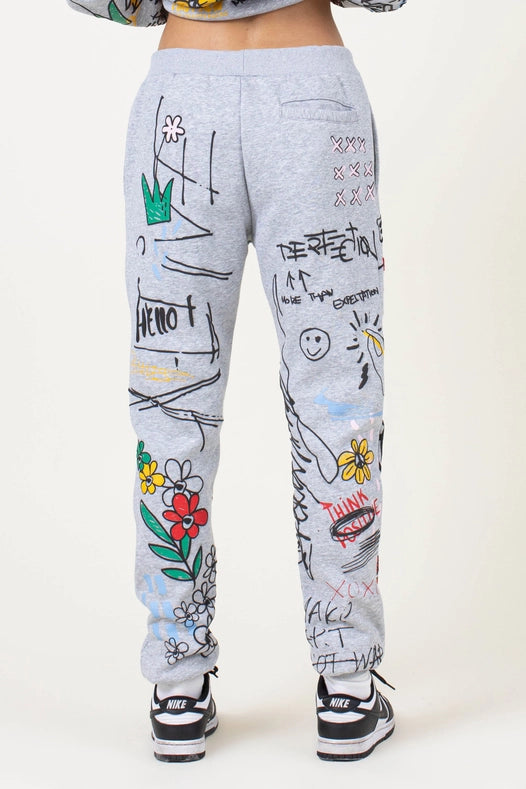Allover Hand Drawing & Chenille Patch Jogger Pants Grey-Pants-Vibrant M.i.U-L-GREY-Urbanheer
