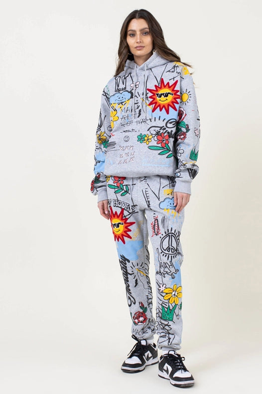 Allover Hand Drawing & Chenille Patch Jogger Pants Grey-Pants-Vibrant M.i.U-L-GREY-Urbanheer