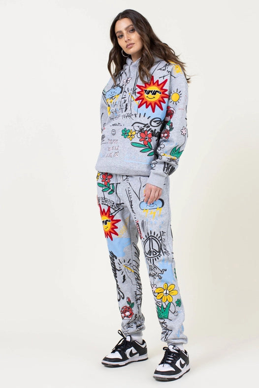 Allover Hand Drawing & Chenille Patch Jogger Pants Grey-Pants-Vibrant M.i.U-L-GREY-Urbanheer