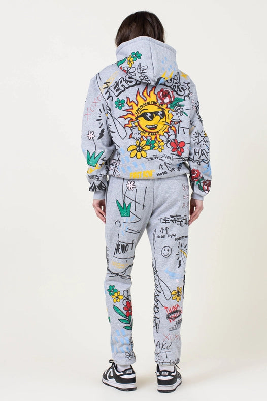 Allover Hand Drawing & Chenille Patch Jogger Pants Grey-Pants-Vibrant M.i.U-L-GREY-Urbanheer