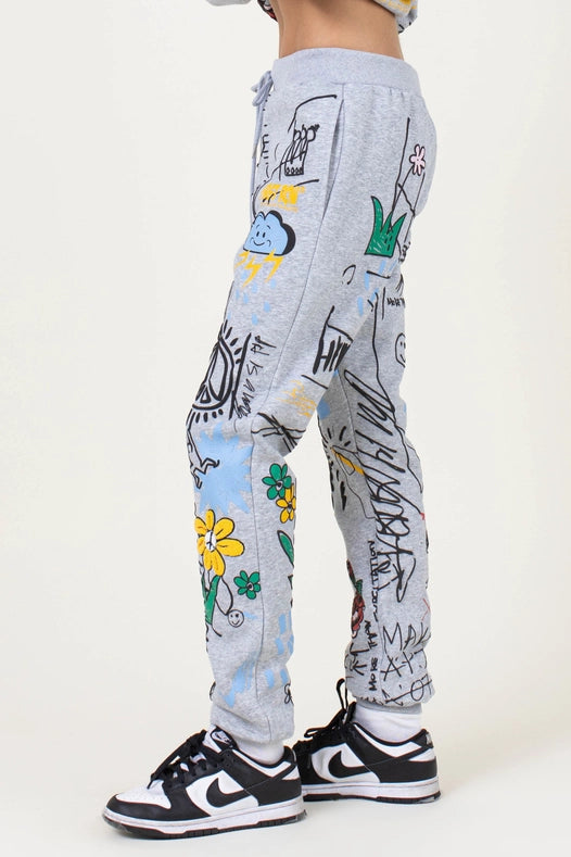 Allover Hand Drawing & Chenille Patch Jogger Pants GREY
