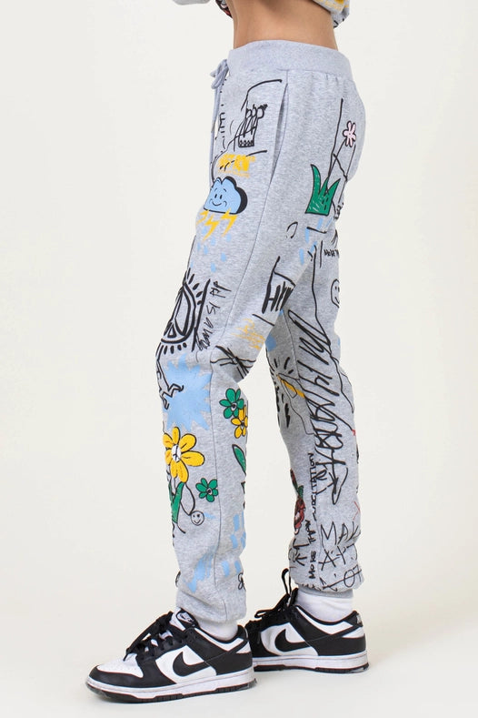 Allover Hand Drawing & Chenille Patch Jogger Pants Grey-Pants-Vibrant M.i.U-L-GREY-Urbanheer