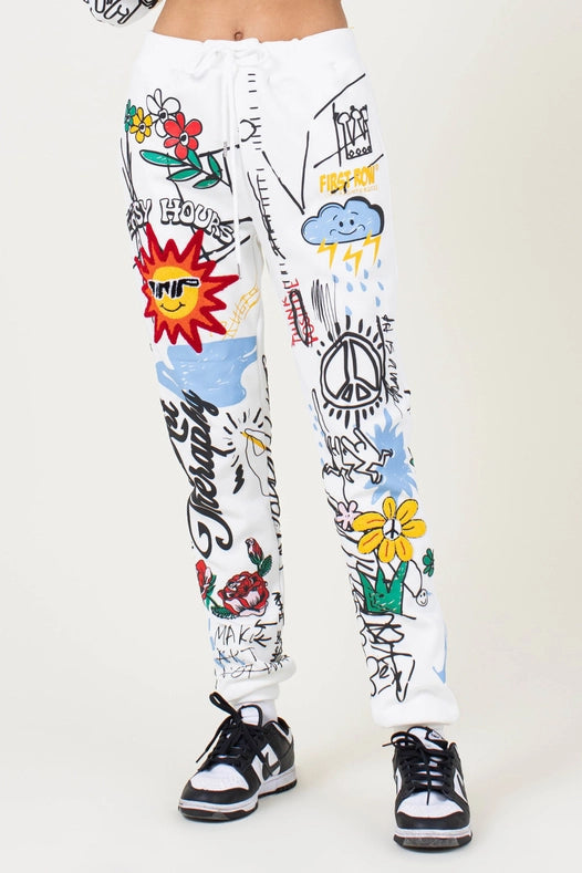 Allover Hand Drawing & Chenille Patch Jogger Pants WHITE