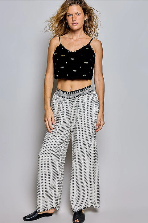 Allover Open-Weave Pattern Waistband Wide-Leg Pants