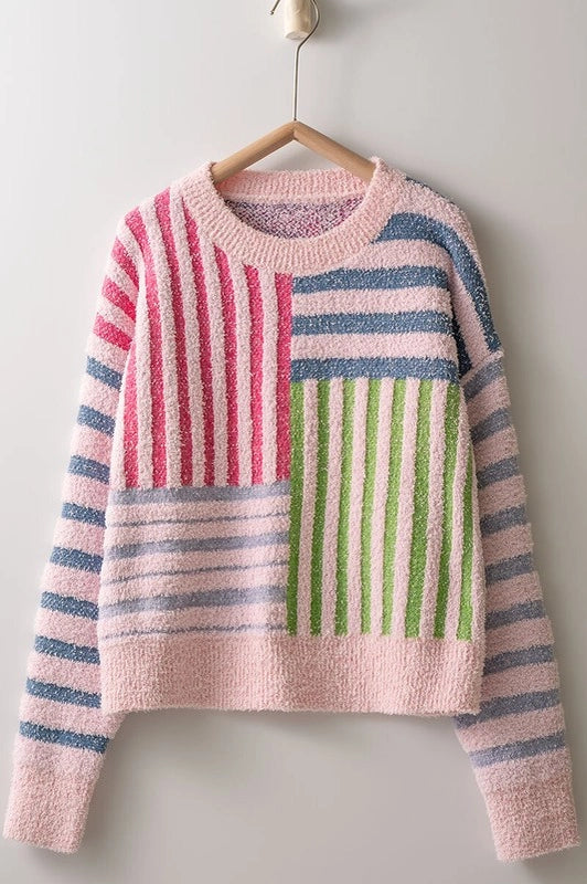 Allover Stripes Textured Knit Sweater-Sweater-Urban Daizy-S/M-PINK-Urbanheer