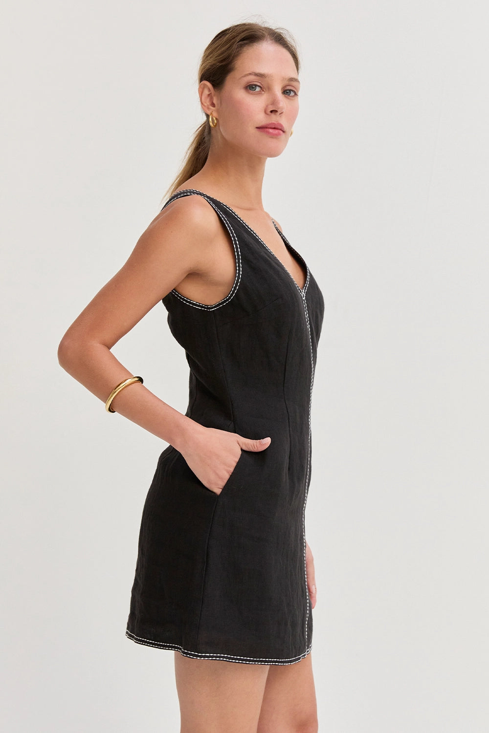 Amara Contrast Stitch V-Neck Linen Mini Dress - Crescent Clothing Amara Contrast Stitch V-Neck Linen Mini Dress - Crescent Clothing