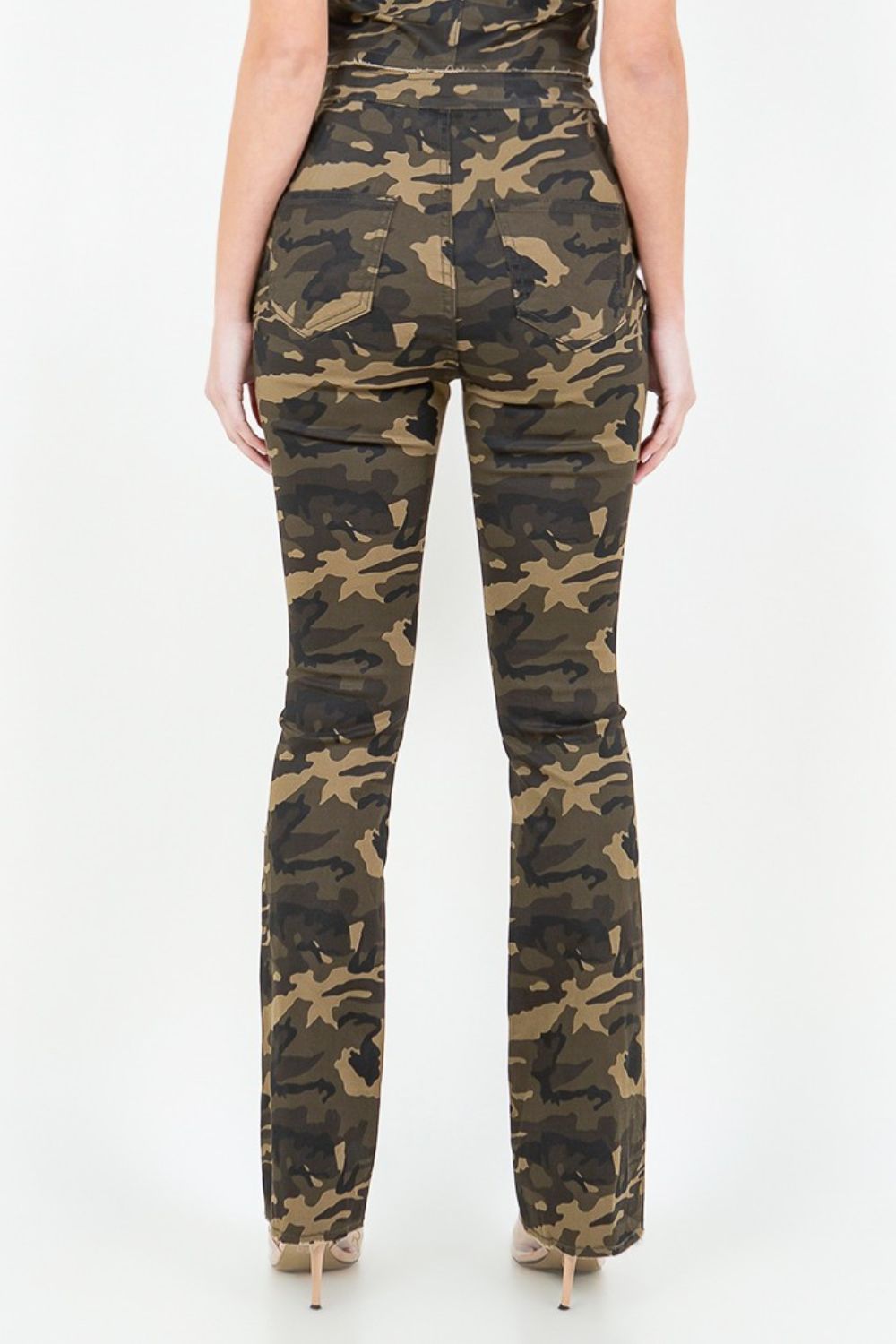 American Bazi V-Cut Ruched Camo Flare Pants-Street 360-Olive Camo-S-Urbanheer