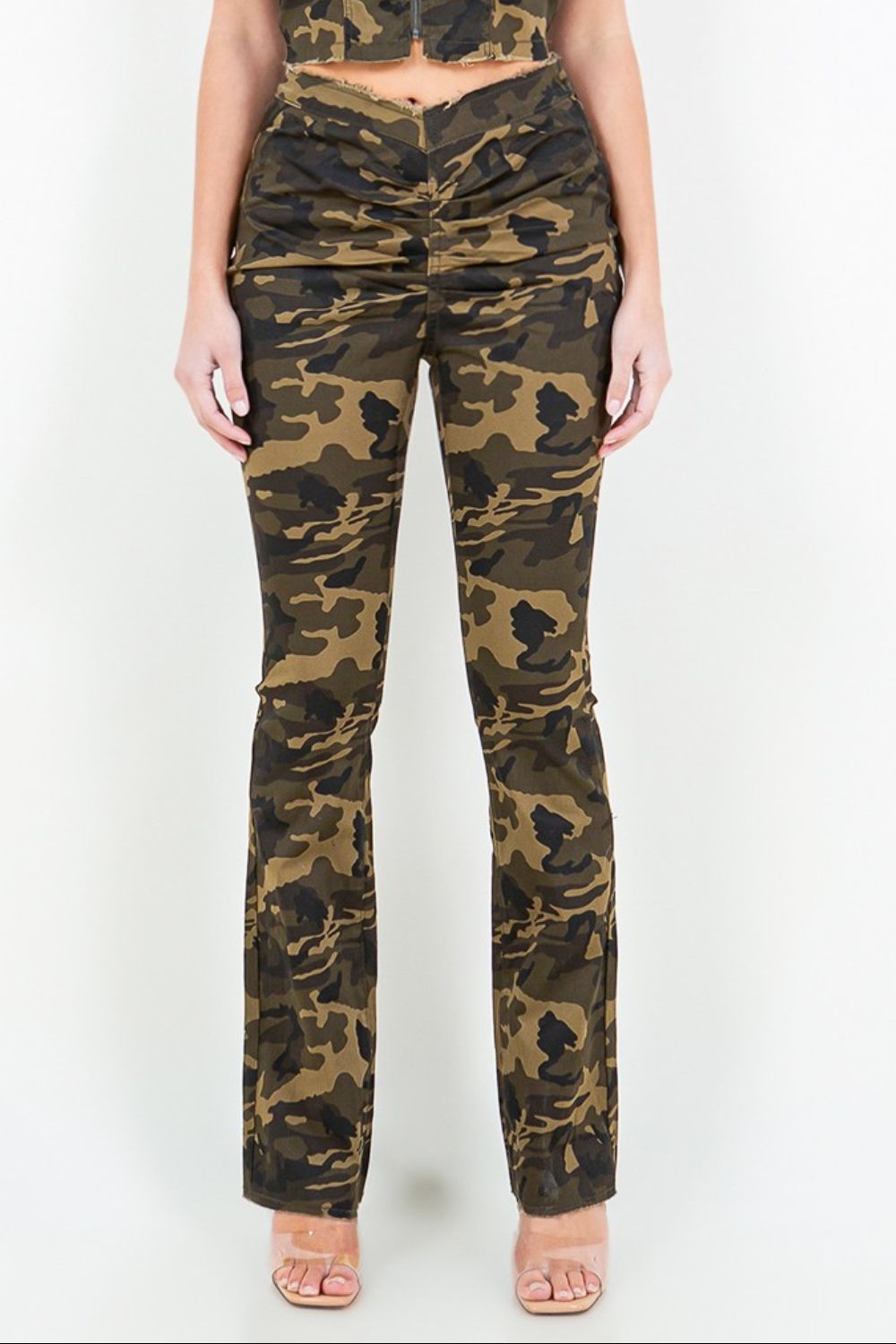 American Bazi V-Cut Ruched Camo Flare Pants-Street 360-Olive Camo-S-Urbanheer