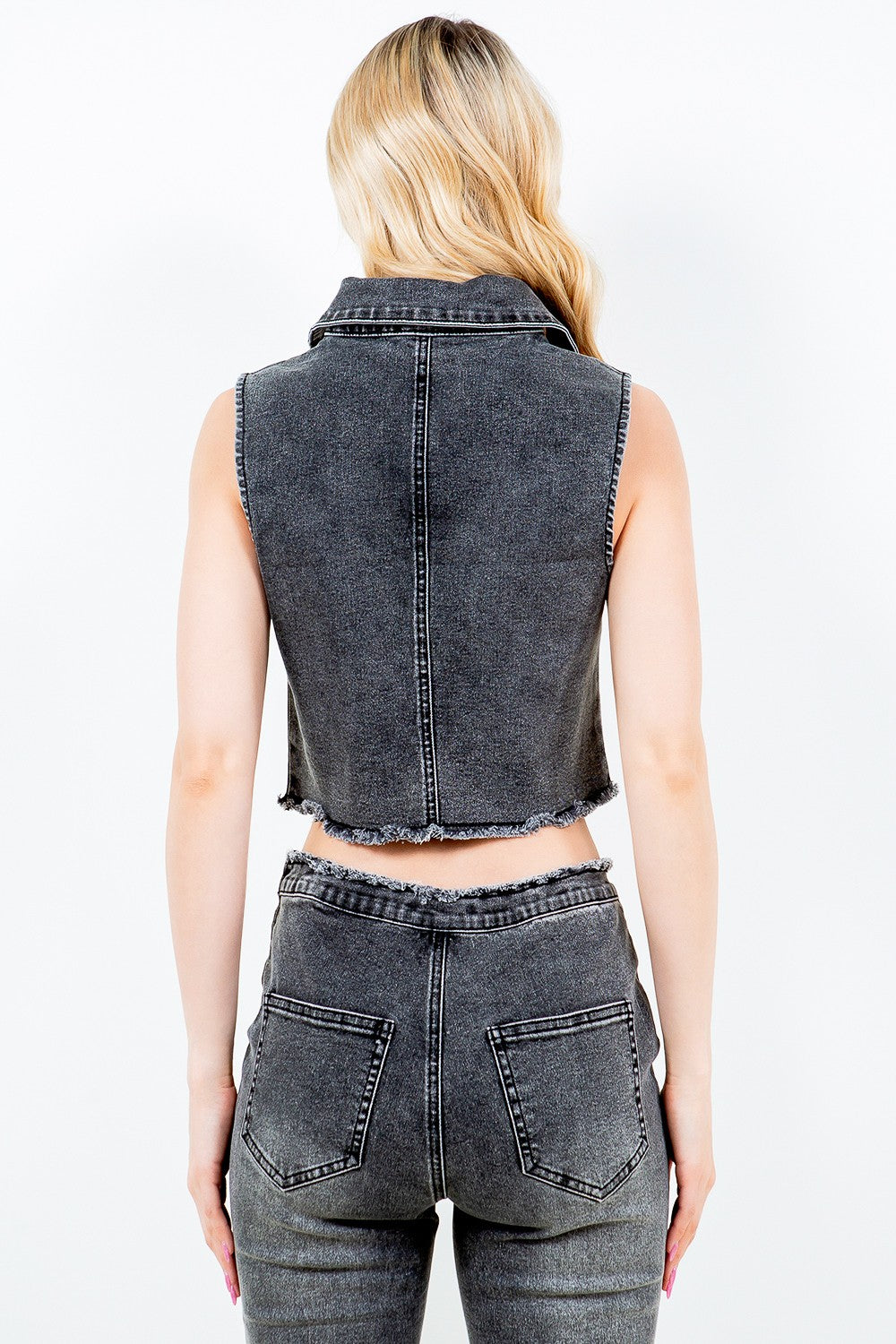 American Bazi Zip Up Washed Crop Denim Vest-Street 360-Black-S-Urbanheer