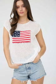 American Flag Crochet Knit Sweater Top IVORY-TOP-Blu Pepper-S-IVORY-Urbanheer