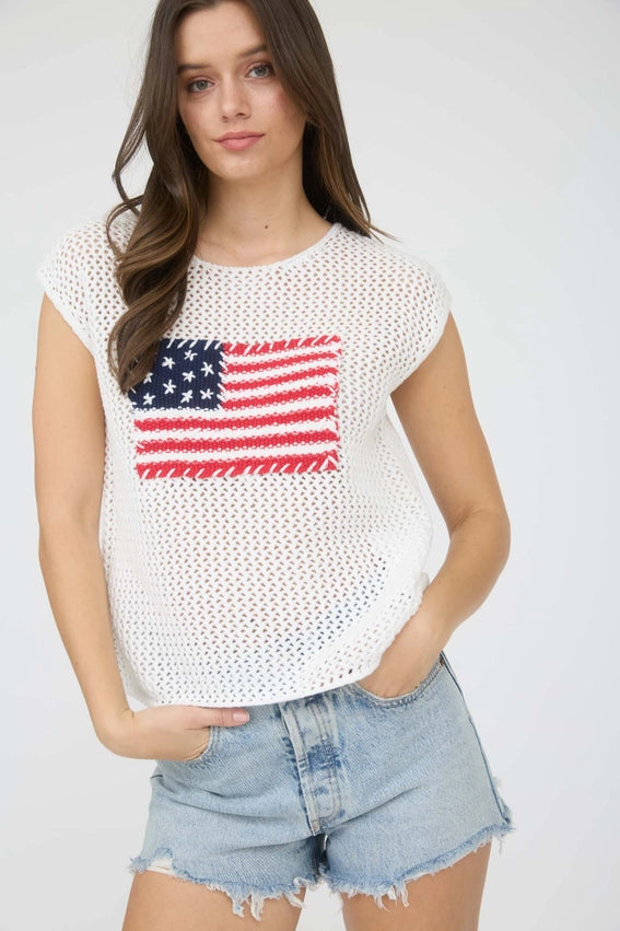 American Flag Crochet Knit Sweater Top IVORY-TOP-Blu Pepper-S-IVORY-Urbanheer