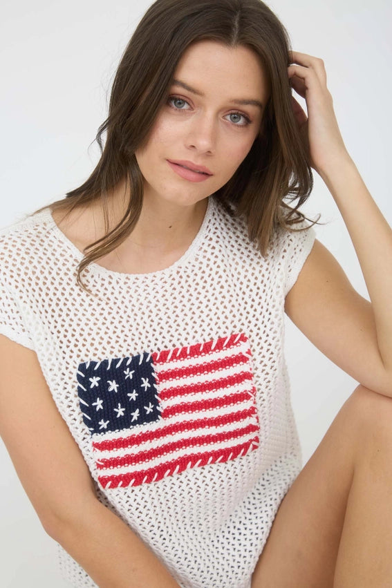American Flag Crochet Knit Sweater Top IVORY-TOP-Blu Pepper-S-IVORY-Urbanheer