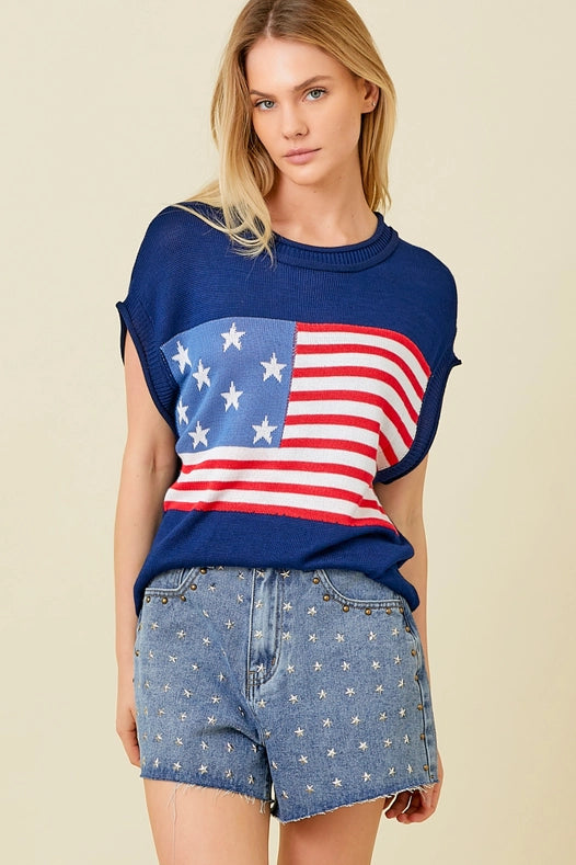 American Flag Sweater Top NAVY-Sweater Top-Baevely by Wellmade USA-S-Urbanheer