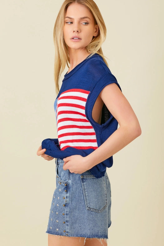 American Flag Sweater Top NAVY-Sweater Top-Baevely by Wellmade USA-S-Urbanheer