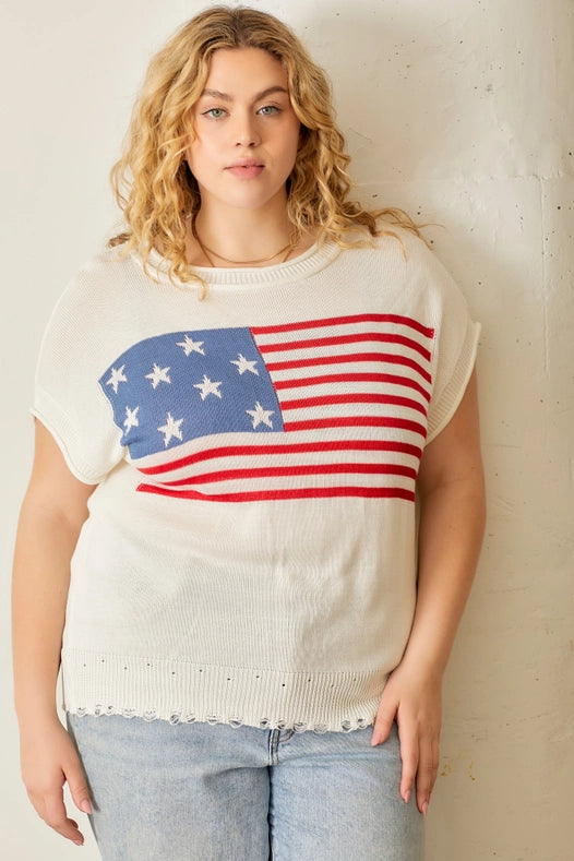 American Flag Sweater Top-Sweater Top-Baevely by Wellmade USA-1X-Urbanheer
