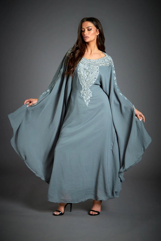 Amira Embellished Grey Kaftan Maxi Dress-Dress-Jywal London®-One Free Size-Urbanheer