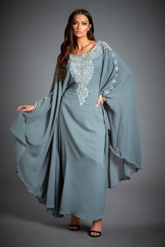 Amira Embellished Grey Kaftan Maxi Dress-Dress-Jywal London®-One Free Size-Urbanheer