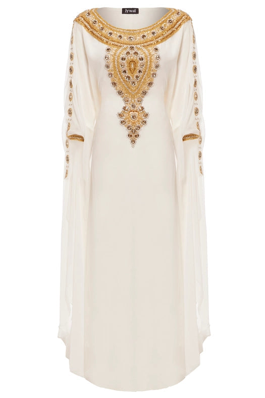 Amira Embellished Kaftan Maxi Dress White-Dress-Jywal London®-One Free Size-Urbanheer