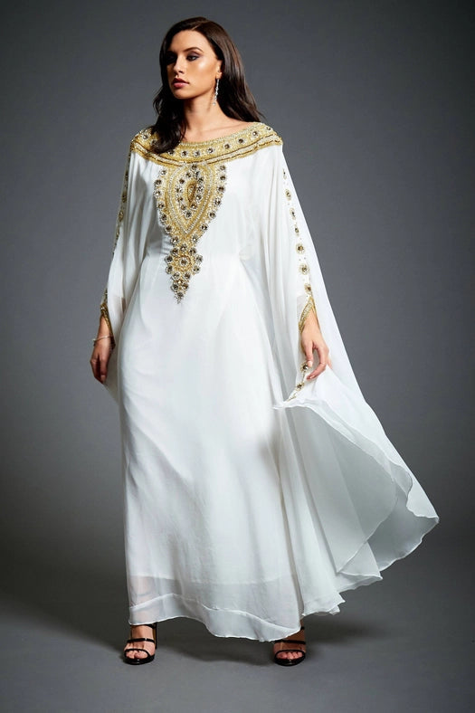 Amira Embellished Kaftan Maxi Dress White-Dress-Jywal London®-One Free Size-Urbanheer