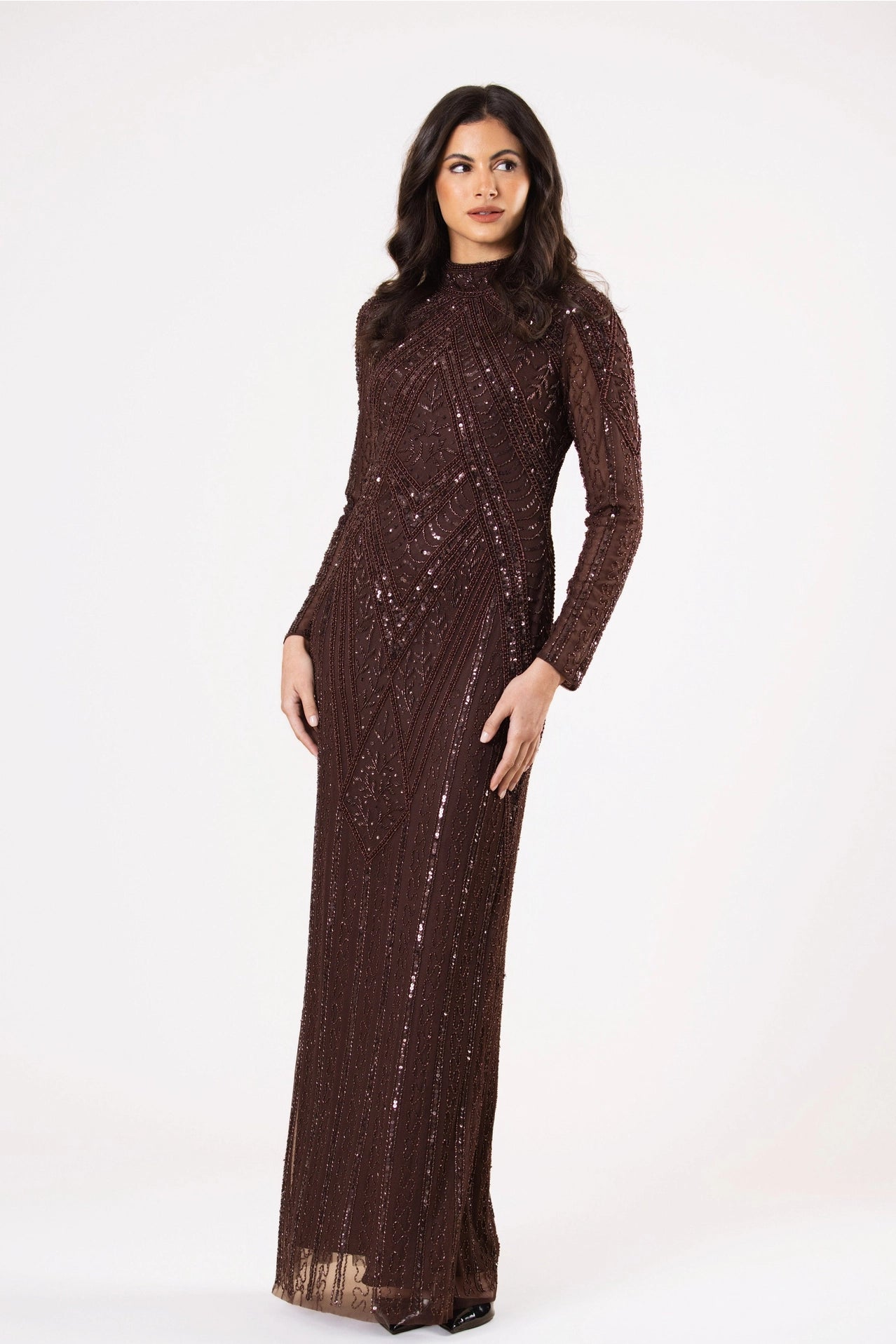 Amy Long Sleeve Embellished Maxi Dress in Chocolate Brown