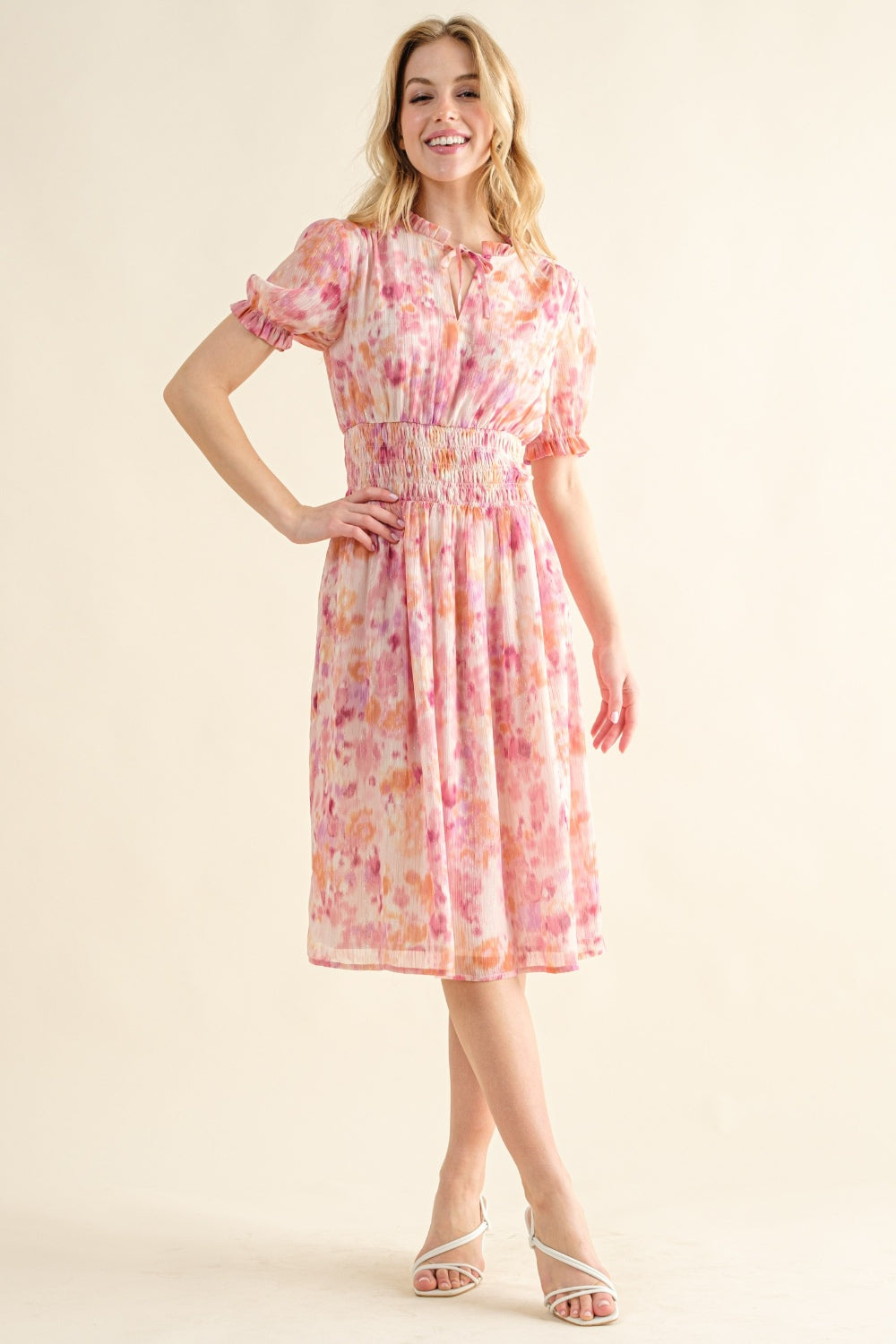And The Why Full Size Smocked Waist Printed Midi Dress-Street 360-Pink Multi-S-Urbanheer