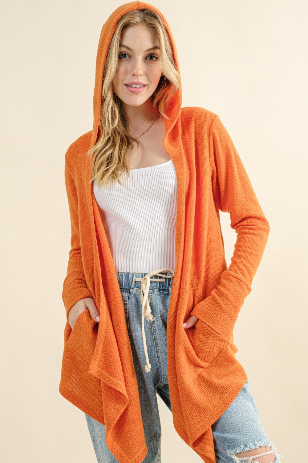 And The Why Full Size Thermal Hooded Open Front Cardigan with Pockets-Street 360-Dusty Coral-S-Urbanheer