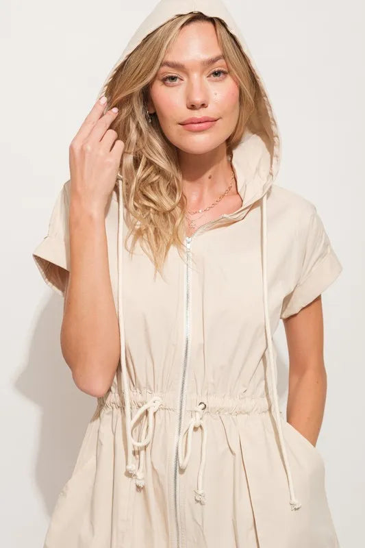 And The Why Short Sleeve String Details Hooded Mini Dress-Street 360-Almond-M-Urbanheer