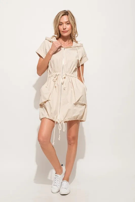 And The Why Short Sleeve String Details Hooded Mini Dress-Street 360-Almond-M-Urbanheer